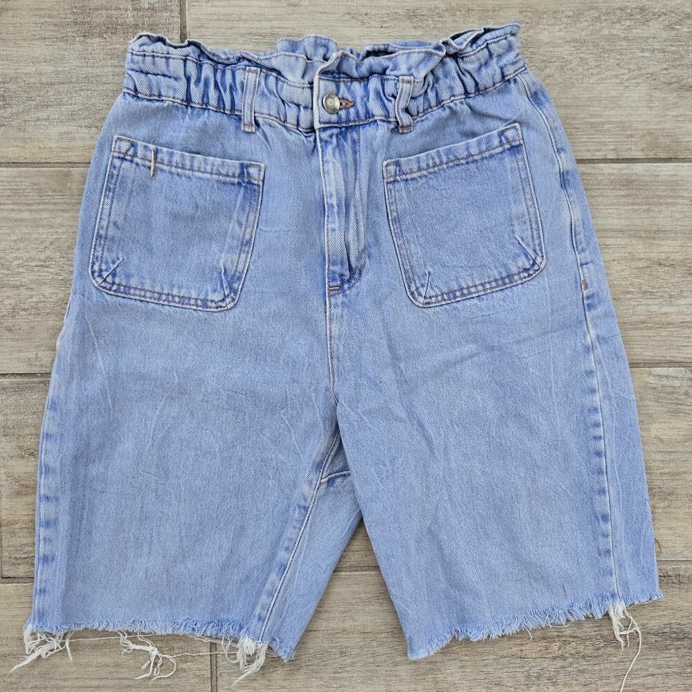 Zara Bermuda Cut Off Jeans Women's Paper Bag Waist Light Wash Grunge Whimsy 6